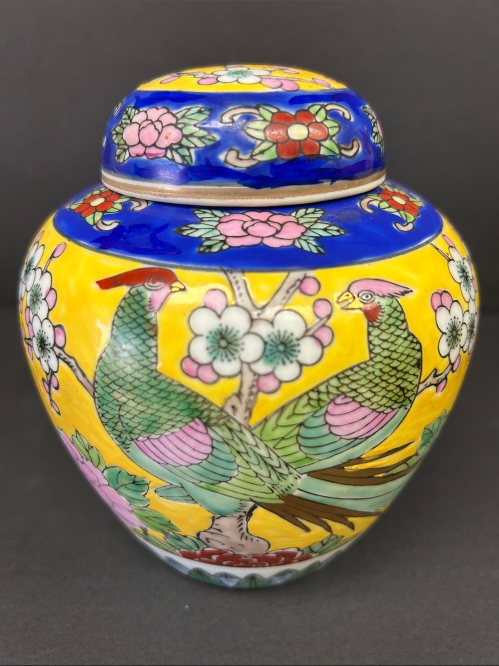 Vintage ceramic hand painted brightly coloured lidded ginger jar marked JAPAN